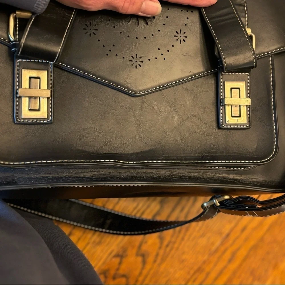 Esecosusi Black Leather Messenger Bag Briefcase Top Handle Crossbody Bag Bookbag